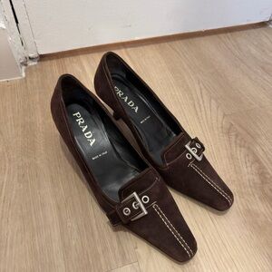 Prada Women's Brown Suede Loafers with Buckle